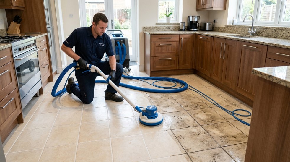 Technician cleaning dirty kitchen floor tiles and grout with a rotary scrubber in a modern home kitchen