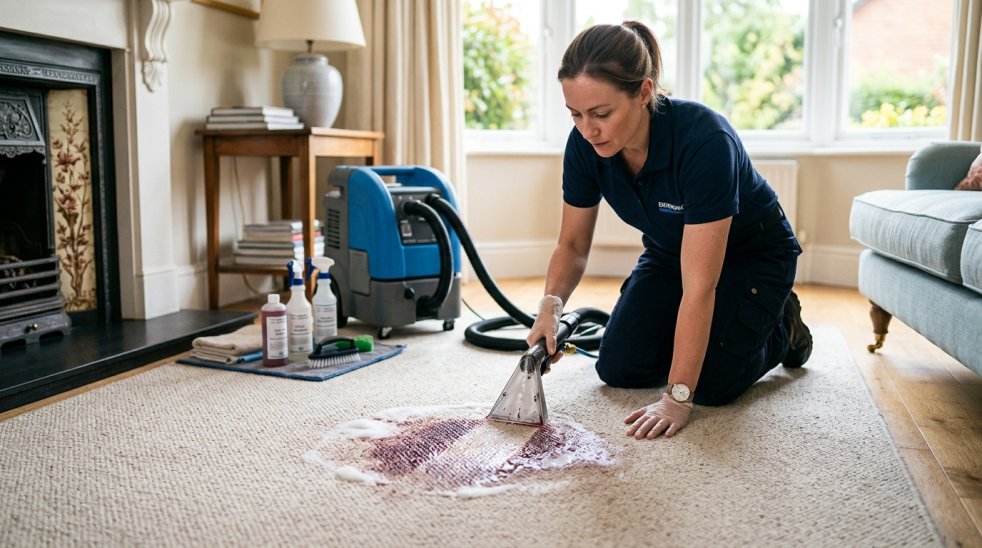 Technician removing a red wine stain from a living room carpet with a professional extractor and cleaning supplies
