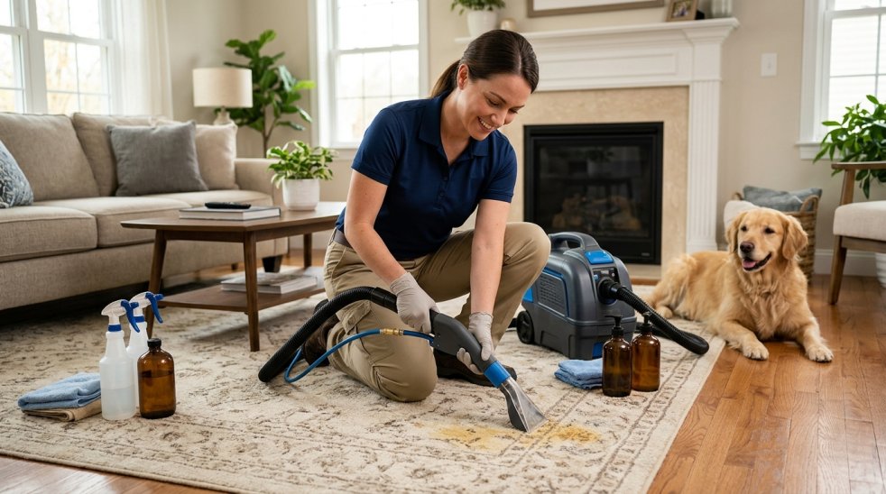 Technician removing pet odor and stains from a living room rug with a carpet cleaner while dog rests nearby
