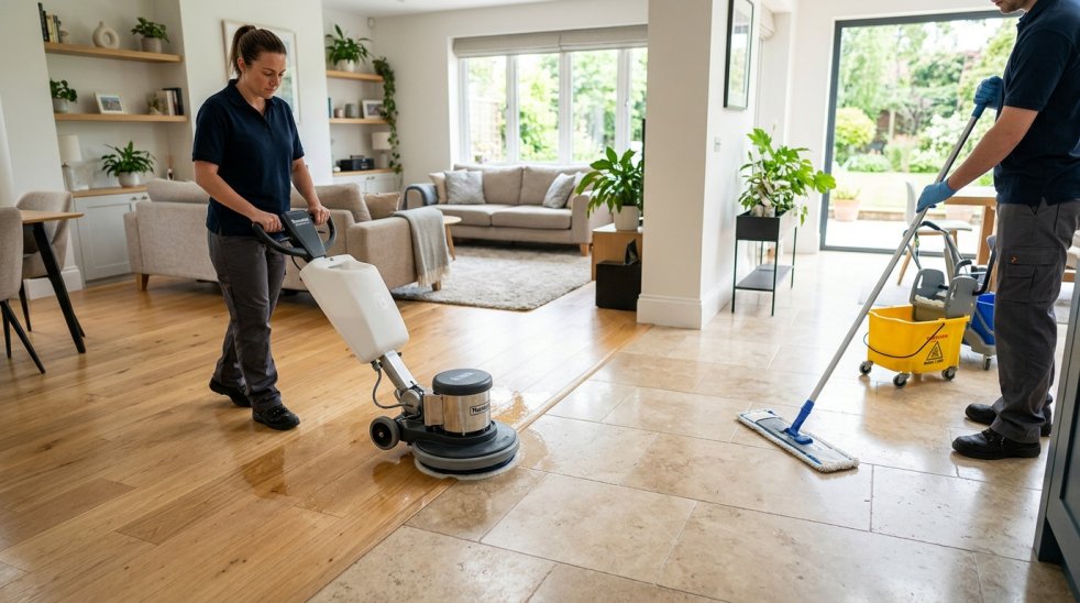 Professional cleaners polishing hardwood and mopping tile floors in a bright modern living room